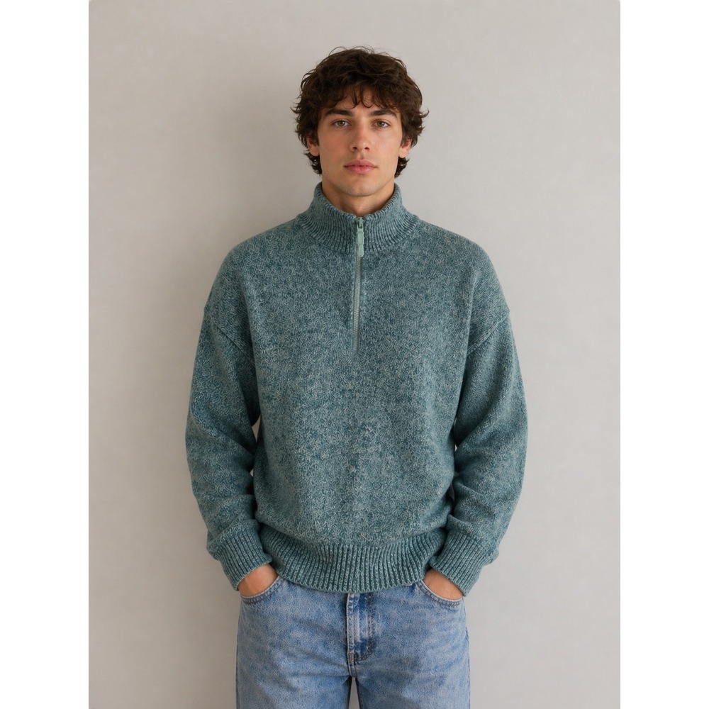 Zara Man Blue Marled 100% Cotton Quarter Zip Mock Neck Sweater Size Medium